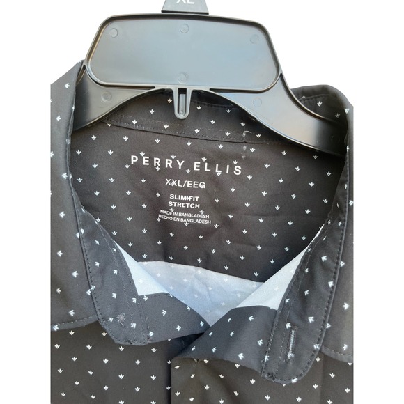 Perry Ellis Mens XXL Slim Fit Stretch Short Sleeve Button Down Shirt Black White - Picture 2 of 3